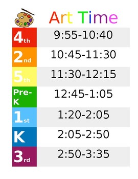 Preview of Art Class Schedule