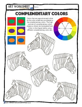 Art Color Theory: Complementary Colors Zebra Worksheet Lesson, Sub plan++++