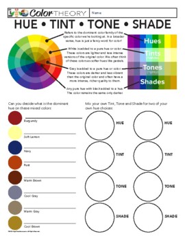 Art Color Theory & Graphic Design Hue Tint Shade & Tone Worksheet Lesson