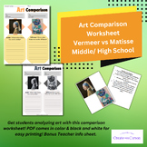 Art Comparison Worksheet Matisse vs Vermeer: Middle/ High 