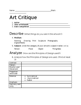 Preview of Art Critique Worksheet