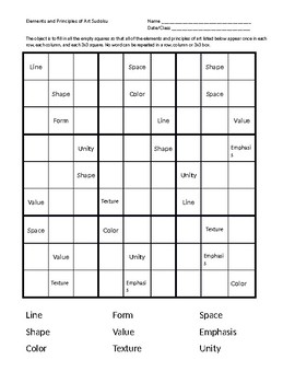 Preview of Art Elements and Principles Sudoku Game