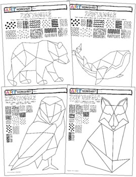 Preview of Art Geometric Pattern Texture Zentangle Drawing Whale Fox Bear Owl Worksheet