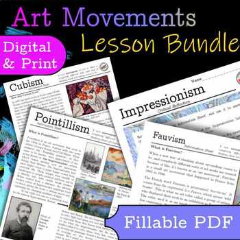 Art History Lessons - Fillable - Impressionism, Cubism, Pointillism - Subs