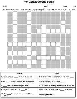 Van Gogh Crossword Puzzle Answers Deann Malik #39 s Crossword Puzzles
