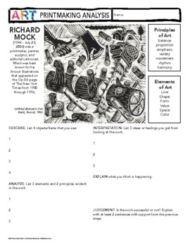 Preview of Art History: Richard Mock Printmaking Analysis Worksheet Principles/Elements