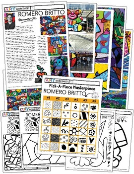 Preview of Art History Romero Britto Patterns Worksheet Lesson Pick-A-Masterpiece Game Set