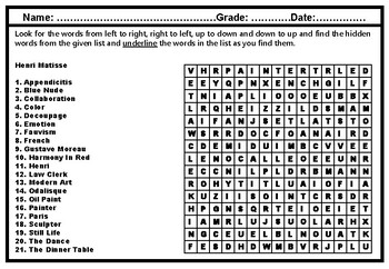 Preview of Henri Matisse, Word Search Worksheet, Art History Distance Learning, Artists