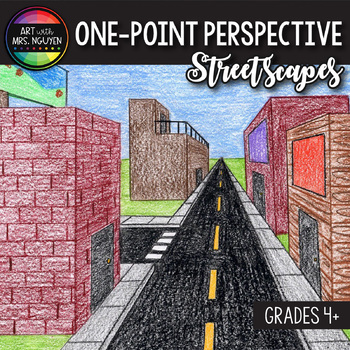 Preview of Art Lesson: One-Point Perspective Cityscape Streetscapes