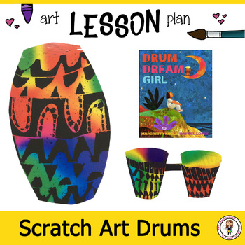 Preview of Art Lesson Plan with Video. Elementary - Drum Dream Girl. Pattern & Scratch Art