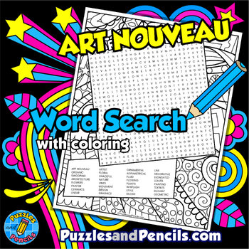 Preview of Art Nouveau Word Search Puzzle with Coloring | Periods of Art Wordsearch