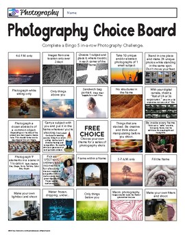 Preview of Art Photography Camera Choice Board Bingo Game Creative Challenges Prompts