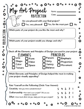Preview of Art Project Assessment Rubric | Art Project Reflection Self-Assessment Worksheet