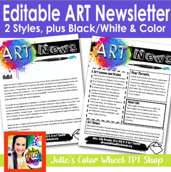 Preview of Art Room Newsletter, Editable Template, 2 Styles  WORD