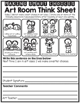 Preview of Art Room Student Reflection - Behavior - Think Sheet