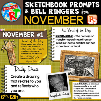 Preview of Art Sketchbook Prompts and Bell Ringers- NOVEMBER