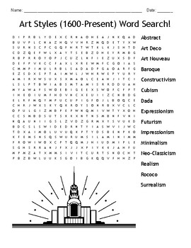 Preview of Art Styles (1600-Present) Word Search!