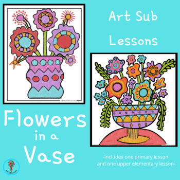 Preview of Art Sub Lesson: Flowers in a Vase Directed Drawing Kindergarten Elementary k-3