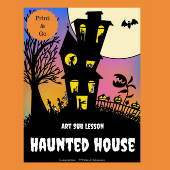 Preview of Art Sub Lesson - Halloween Drawing- Haunted House Elementary Middle .pdf .pptx