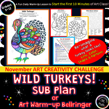 Preview of One Hour Art Sub Plan Drawing Challenge!  WILD TURKEYS Worksheet: Art Elements