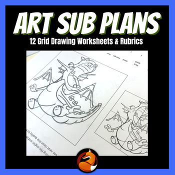 Preview of Grid Drawing 12 Worksheets Art Sub Plans Middle School Art High School Art