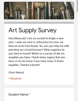 Preview of Art Supply Google Form