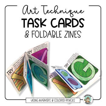 Preview of Art Task Cards & Foldable Zines • Colored Pencil & Marker Techniques