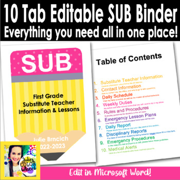 Preview of Editable Substitute Teacher Information Planner Binder Sub Plans