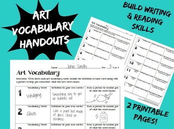 Preview of Art Vocabulary Handout Worksheet Writing and Literacy in Art Class