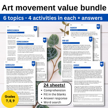 Preview of Art movement work sheet bundle - 6 topics with answers (Grades 7 - 9)