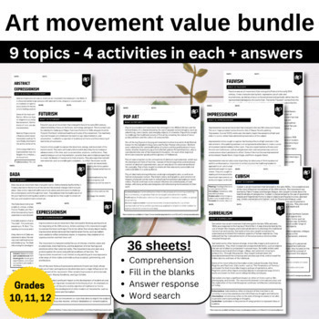 Preview of Art movement work sheet bundle - 9 topics with answers (Grades 10 - 12)