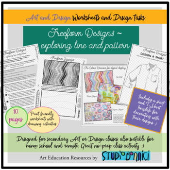 Preview of Art and Textiles no prep worksheets Freeform designs with line and pattern