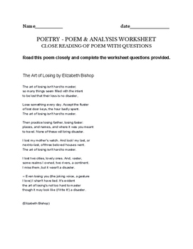 Preview of Art of Losing poem - Elizabeth Bishop - poem & assignment questions