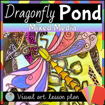 Preview of Art project mixed media lesson DRAGONFLY POND with VIDEO guides 2nd - 4th grade
