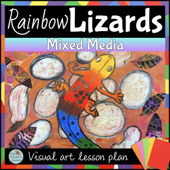 Preview of Art project mixed media lesson RAINBOW LIZARDS with VIDEO guides 2nd - 4th grade