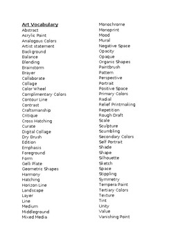 Preview of Art vocabulary list with definitions