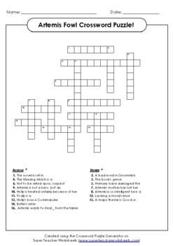 Artemis Fowl Crossword Puzzle by Ivory Butler TPT