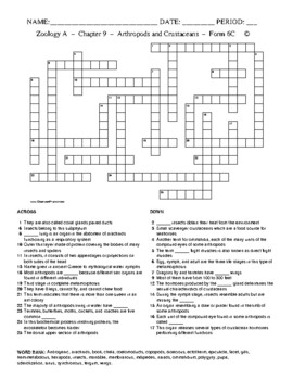 Arthropods and Crustaceans HS Zoology Crossword with Word Bank