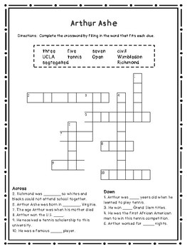 Arthur Ashe Crossword Puzzle by Queen of Virginia TpT