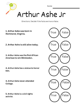 Preview of Arthur Ashe True/False