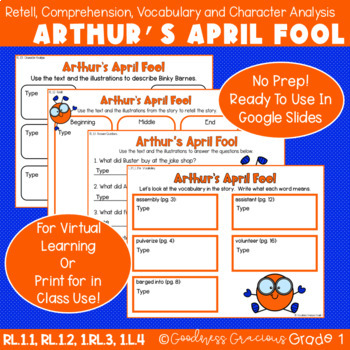 Preview of Arthur's April Fool Retell, Comp, Character Analysis & Vocabulary