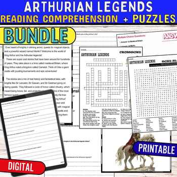 Preview of Arthurian Legends, Reading Comprehension Passage,PUZZLES,Quiz,Digital BUNDLE