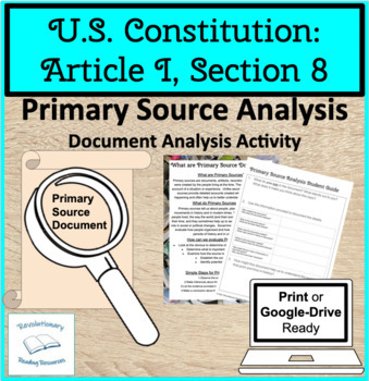 Preview of Article I Section 8 US Constitution Primary Source Document Analysis Activity