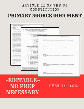 Preview of Article II of the US Constitution Primary Source DBQ (NO PREP) Editable