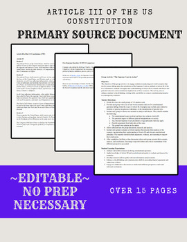 Preview of Article III of the US Constitution Primary Source DBQ (NO PREP) Editable