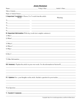 Preview of Article Reading Worksheet