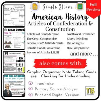 Preview of Articles of Confederation & Constitution Slides, Graphic Organizer & Worksheet