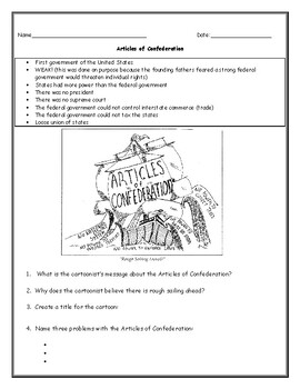 Articles of Confederation Political Cartoon Worksheet with Answer Key