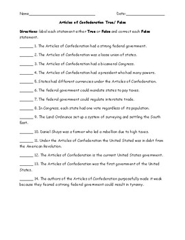 Articles of Confederation True False Worksheet with Answer Key TPT