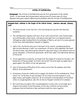 Articles of Confederation Weaknesses Worksheet and Answer Key TpT